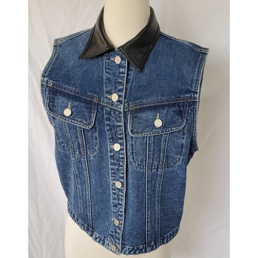 Vintage 90s Denim Vest with Faux Leather Collar